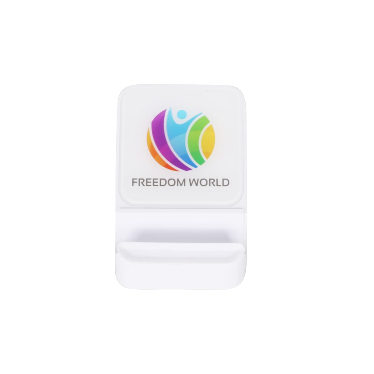 A white clip with a colorful logo showing a stylized person and FREEDOM WORLD text, set against a plain white background.