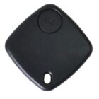 A small, square black tracking device with rounded edges. It features a circular button with a camera icon on the upper side and a small hole for attaching it to items.