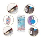 A smartphone app displaying a list of tracked items with circular images showing trackers attached to items: a key in a lock, a wallet, a suitcase, a purple bag, and a black purse. Each has a small, blue tracking device.