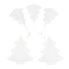Five clear plastic Christmas tree ornaments, with three featuring hanging strings. The ornaments have a classic tree shape, and the strings are in gold, pink, and silver, set against a white background.