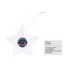 A clear star-shaped ornament with a string, featuring a Thank you sticker with flamingos and tropical leaves. Text on the right reads, ADD ON STICKERS *STICKERS CAN BE CUSTOMIZED ACCORDINGLY TO YOUR PACKAGES.