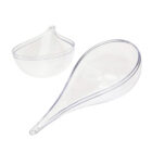 Two clear, teardrop-shaped plastic mold halves are shown. The mold in the foreground is larger with a pointed end, while the smaller mold in the background has a rounded shape. Both are empty and placed against a white background.