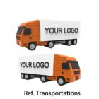 Two identical orange and white semi-trucks with YOUR LOGO written on the trailers are depicted side by side. Below them, the text reads: Ref. Transportations.