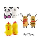 Four pairs of toy figures: pandas, reindeer, and chicks, all with simple circular controls on their fronts. Each set has contrasting colors and features. Text on the image reads Ref. Toys.