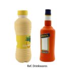 Two bottles: a smaller, yellow plastic bottle with a fruit label on the left, and a larger, orange bottle labeled Aperol with a blue cap on the right. Text below reads, Ref. Drinkwares.