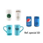 Four Bluetooth speakers shaped like different drink containers, including coffee cups and soda cans. The coffee cups resemble popular brand logos, and the text Ref. special 3D is on the right.