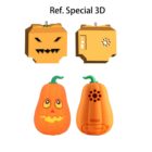 Two sets of orange pumpkin designs. The top pair features square-shaped pumpkins with carved faces, one with a menacing expression. The bottom pair includes a round pumpkin with a happy face, front and back view, showing speaker holes and a power button.
