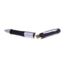 A ballpoint pen with a silver and black design, split into two parts. The top section is removed to reveal a USB flash drive. The pen also has a clip with a website address written on it.