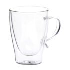 A clear glass mug with a handle, featuring a double-walled design. The mug is empty and placed against a plain white background.