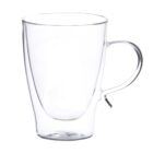 Clear glass mug with a smooth texture and a single handle, positioned against a plain white background. The mug appears empty and has a modern, minimalist design.