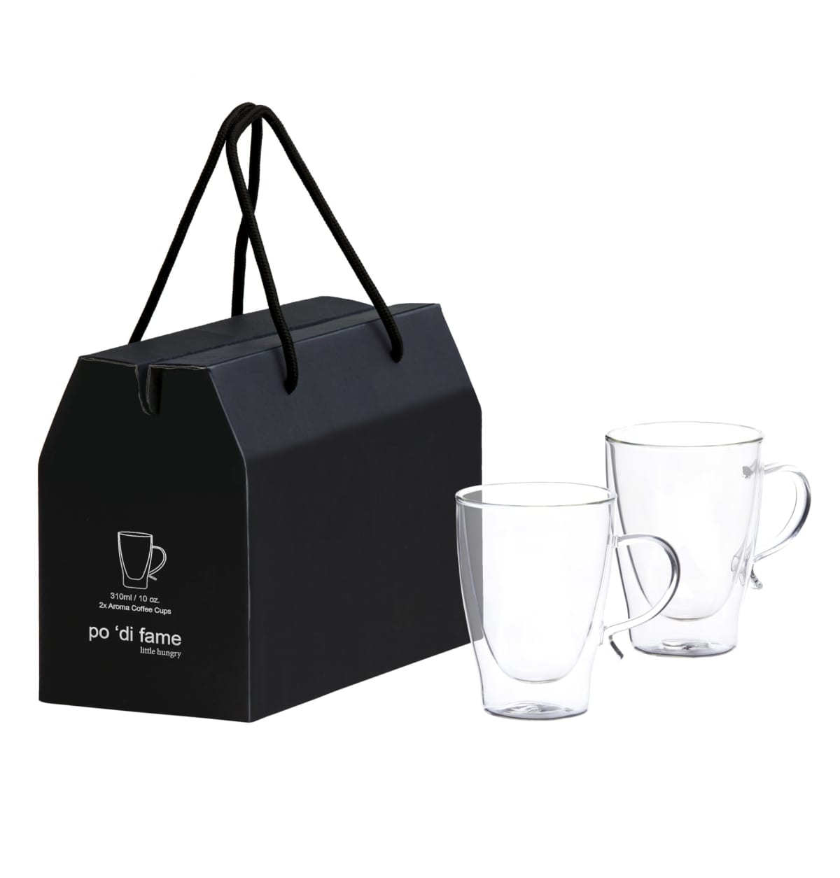 A pair of transparent glass mugs with handles sits next to a black gift box. The box has string handles and a simple design featuring a mug illustration and some text.