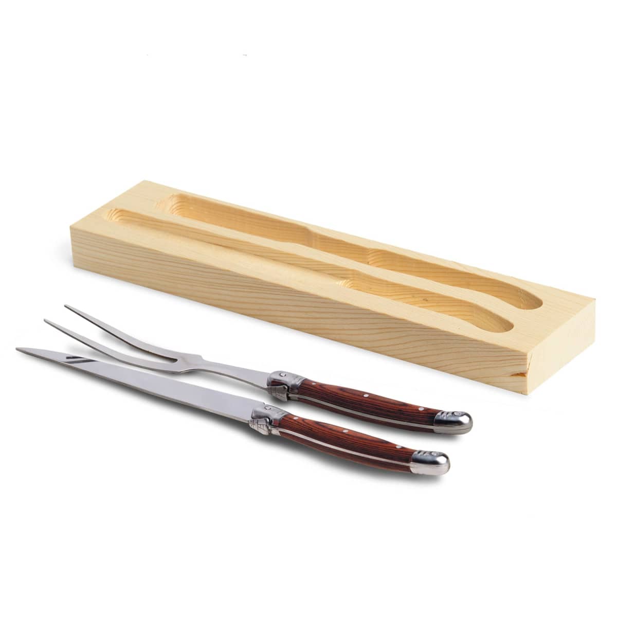A carving knife and fork with wooden handles are placed in front of an open wooden box designed to hold them.