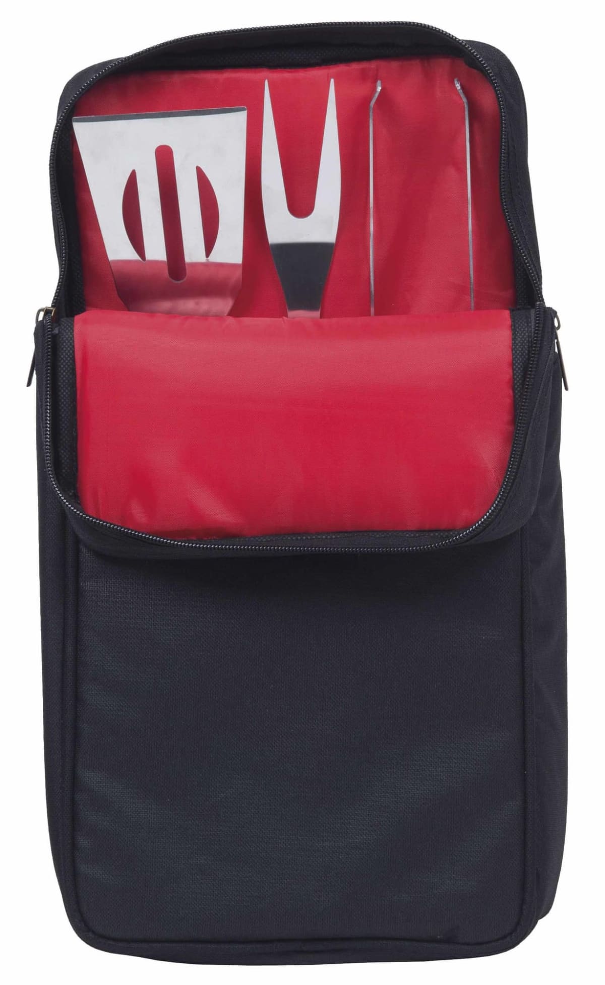 An open black case with red interior showing a set of barbecue tools: a metal spatula and a meat fork.