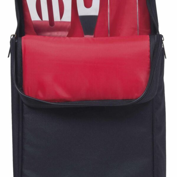 A black bag with an open front pocket showing a red interior. Inside, there are several stainless steel barbecue tools, including a spatula and a fork, neatly organized.