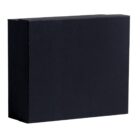 A plain, black rectangular cardboard box, closed and standing upright on a white background.