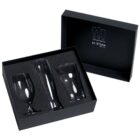 A black gift box containing three different styles of beer glasses, each nestled in foam cutouts. The box lid has an illustration and text describing the contents as a Craft Beer Glass Set.