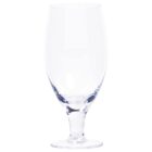 An empty, clear, tall drinking glass with a short stem and rounded base, set against a white background.