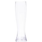 A tall, clear, empty glass with a slightly curved shape, resting on a white background.