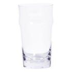 A clear, empty pint glass with a slight curve midway up, standing upright on a plain white background.
