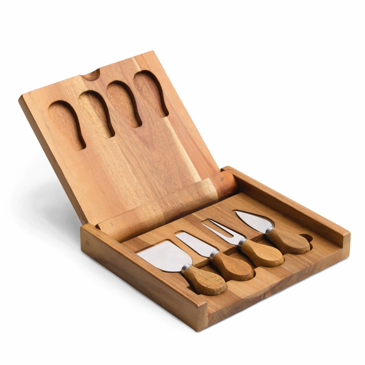 A wooden cheese board set with four metal cheese knives in varied shapes, each with a wooden handle, neatly arranged in designated slots within the open case. The board features cutouts for easy handling.