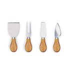 Four cheese knives with wooden handles are arranged side by side on a white background. The set includes a flat spatula, a fork, a rectangular blade, and a pointed blade.