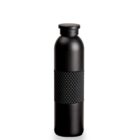 A sleek black water bottle with a textured grip section in the middle sits against a plain white background. The bottle has a smooth, matte finish and a matching black cap.
