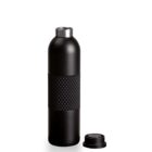 A sleek black bottle with a textured grip in the middle, featuring a shiny silver mouthpiece. The bottles black cap is detached and placed next to it, all set against a plain white background.