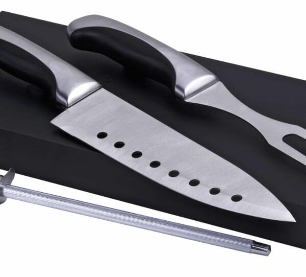 A knife set featuring a stainless steel chefs knife with a black handle, a two-pronged carving fork, and a honing steel, all resting on a black rectangular base.