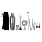 A cocktail shaker set includes a shaker, jigger, muddler, strainer, mixing spoon, tongs, corkscrew, two pour spouts, and a black storage bag. All items are neatly arranged on a white background.