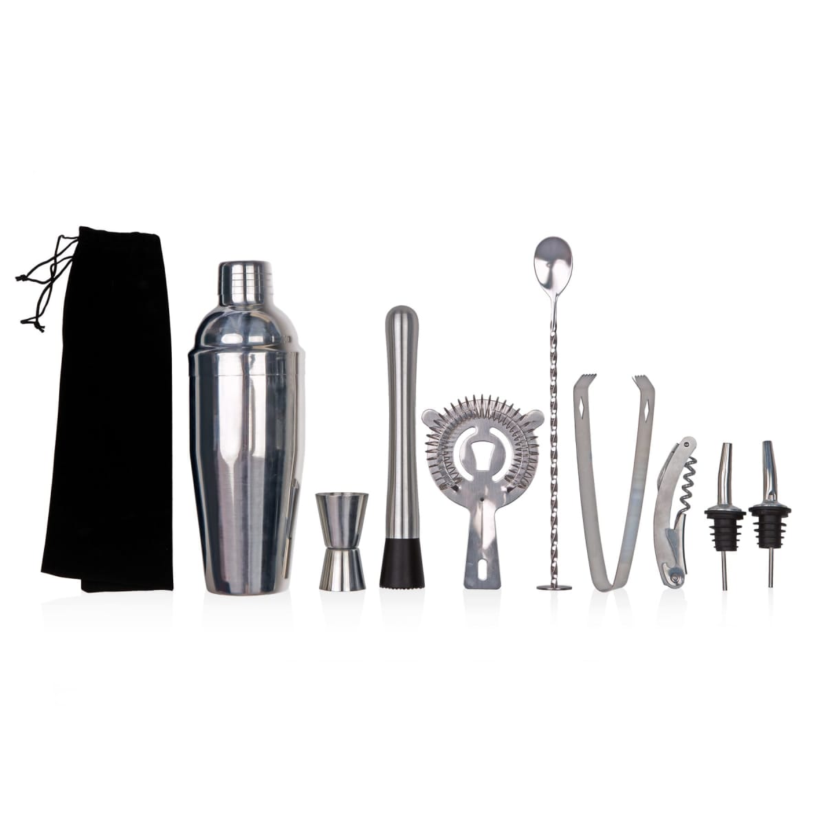 A cocktail shaker set includes a shaker, jigger, muddler, strainer, mixing spoon, tongs, corkscrew, two pour spouts, and a black storage bag. All items are neatly arranged on a white background.