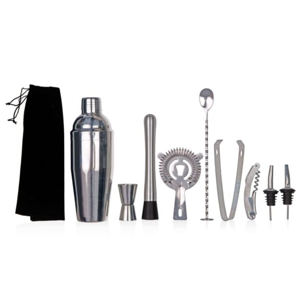 A set of bar tools on display, including a cocktail shaker, black bag, jigger, muddler, strainer, bar spoon, tongs, corkscrew, and two pourers. All items are metallic, neatly arranged against a white background.