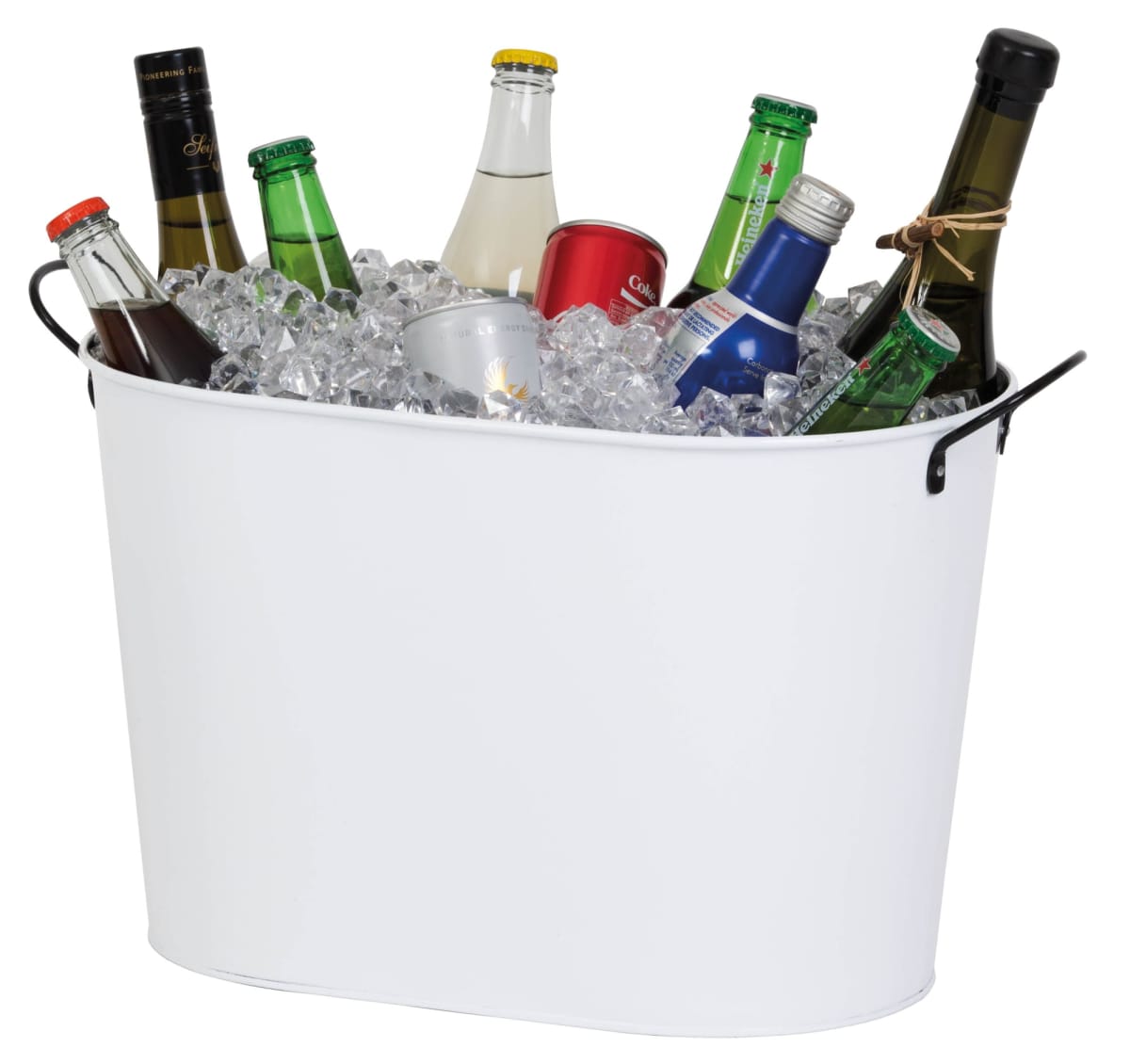 A white metal ice bucket filled with assorted bottled and canned beverages, surrounded by ice. The drinks vary in colors and sizes, indicating a mix of alcoholic and non-alcoholic options.