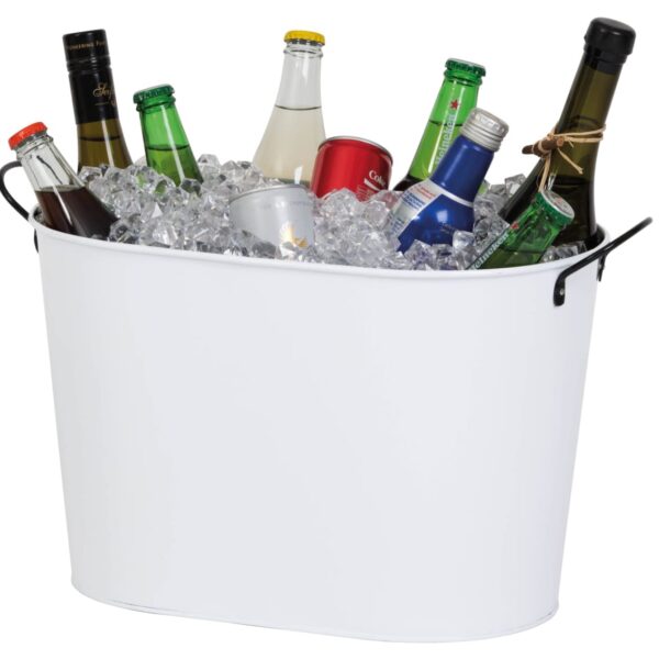 A white bucket filled with ice and various bottles and cans of beverages, including beer, wine, and soda, arranged upright.