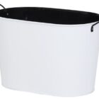 A white, oval-shaped metal bucket with a black interior and two black handles on either side. The bucket is placed on a plain white background.