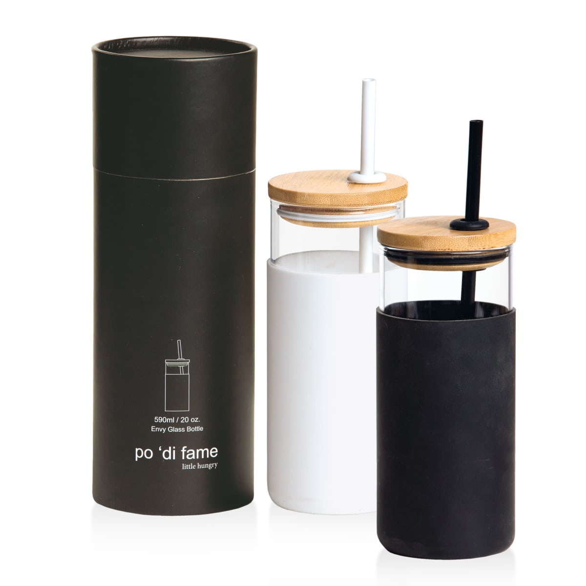 A black cylindrical packaging is next to two glass bottles with bamboo lids and straws. One bottle has a black sleeve and straw, the other has a white sleeve and straw. The packaging displays the words po di fame little hungry.
