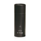 A sleek black cylindrical water bottle with a minimalist design. The words po di fame are written on the lower section, above little hungry. An outline of a bottle with a straw is depicted above the text.