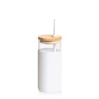 A minimalist white tumbler with a bamboo lid and a white straw. The tumbler has a sleek design and stands upright against a plain white background.