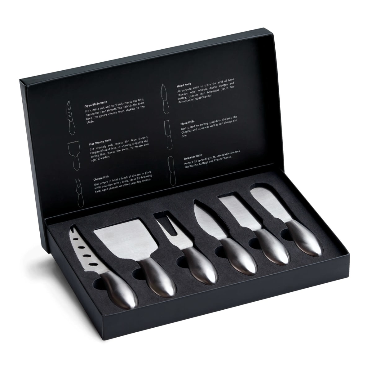 A black box with a set of five stainless steel cheese knives, each with a different blade shape. The box lid displays illustrations and descriptions of the knives: open work blade, cleaver, fork-tipped spear, spreader, and parmesan knife.