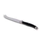 A cheese knife with a curved, serrated blade and a pointed fork tip, featuring a sleek black handle with metallic accents.