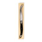 A cheese knife with a curved stainless steel blade and a black handle is placed on a light wooden stand. The knife has a pointed tip and shiny finish.