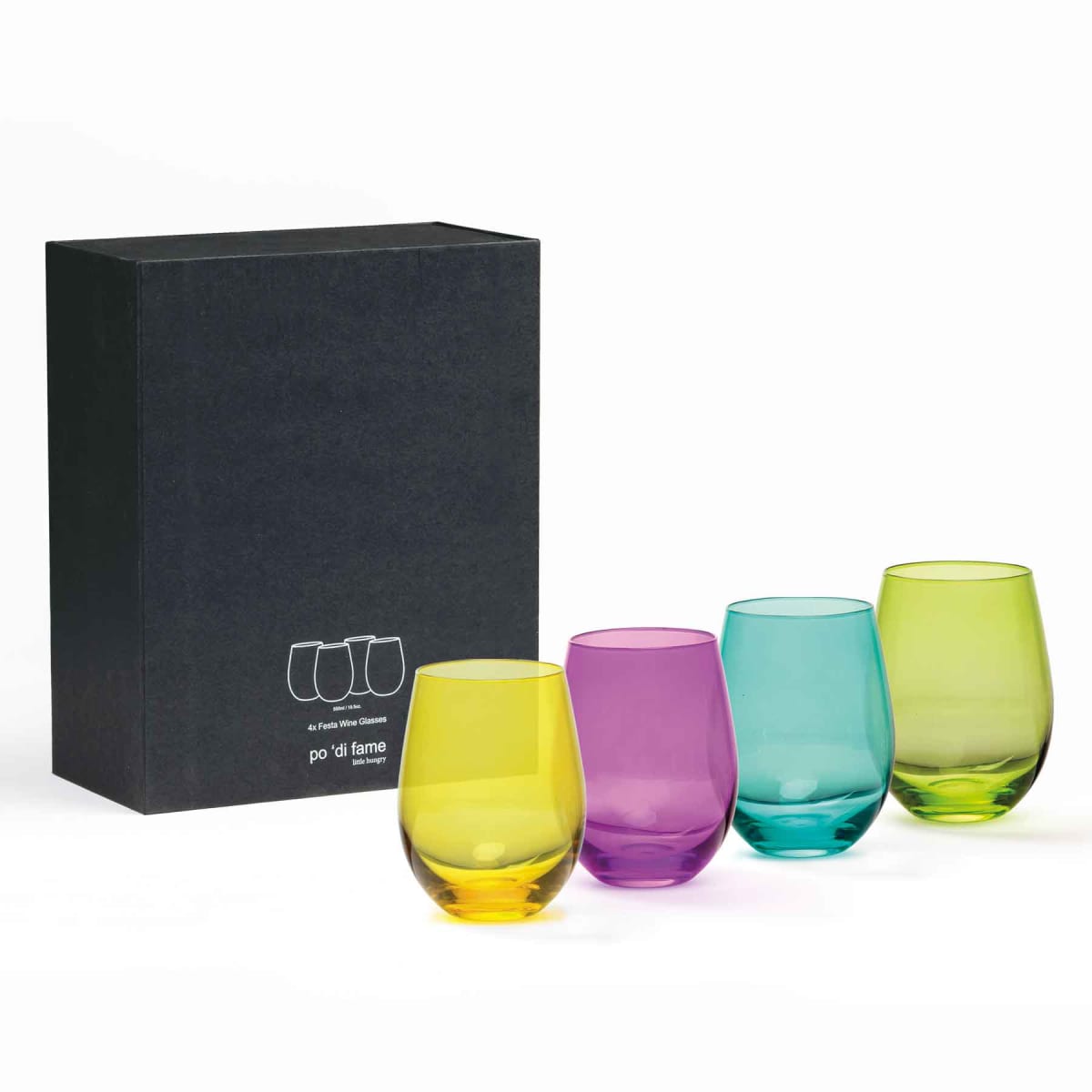 A set of four colorful stemless glasses in yellow, purple, blue, and green next to a black box with a minimal line drawing of glasses and the words po di fame.
