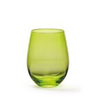 A translucent green glass with a rounded, smooth shape stands against a plain white background.