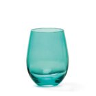 A transparent teal glass with a smooth, curved shape is centered against a plain white background.