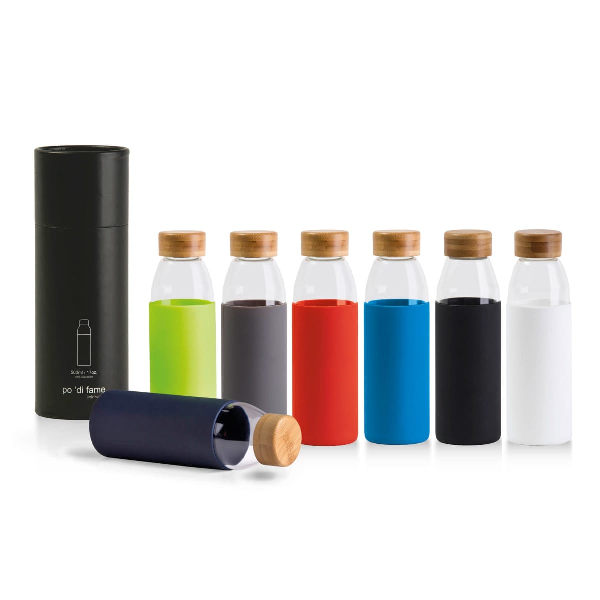 A lineup of seven transparent water bottles, each with a different colored sleeve: green, yellow, brown, red, blue, black, and white. They all feature wooden lids, with one bottle lying on its side. A black cylindrical box is beside them.