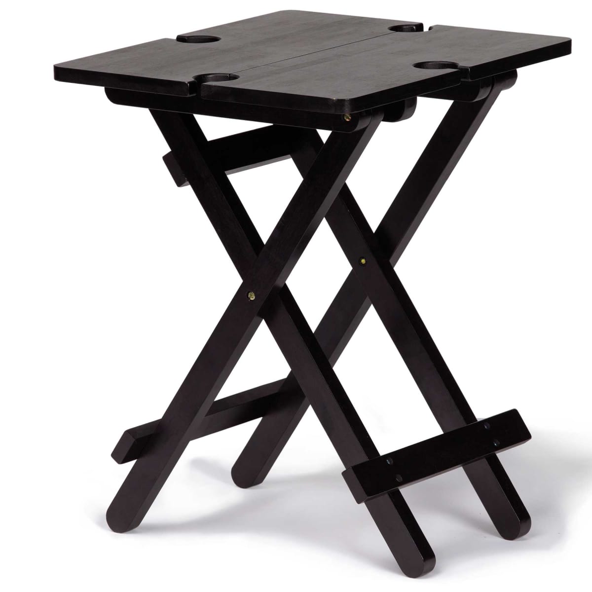 A small, black folding table with a simple design. The tabletop is divided into two sections and has holes for easy carrying. The legs form an X-shape for stability.