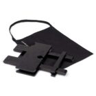 A black adjustable laptop stand made of wood is placed on a black fabric carrying case. The stand is foldable and has slots for ventilation. The carrying case has a strap for easy transport.
