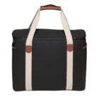 A black rectangular bag with white handles and brown leather accents. The handles are attached to small brown leather patches. The bag has a simple, minimalist design.