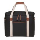 A black insulated cooler bag with beige straps and brown leather accents. It has a top zipper closure and front pocket, designed for carrying food and drinks. The bag is upright and photographed on a plain white background.