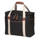 A black rectangular bag with beige handles and brown leather accents. It features two zippers on top and an external pocket on the side.