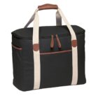 A black canvas tote bag with white handles and brown leather accents. It features a zippered top, an exterior pocket, and sturdy handles.